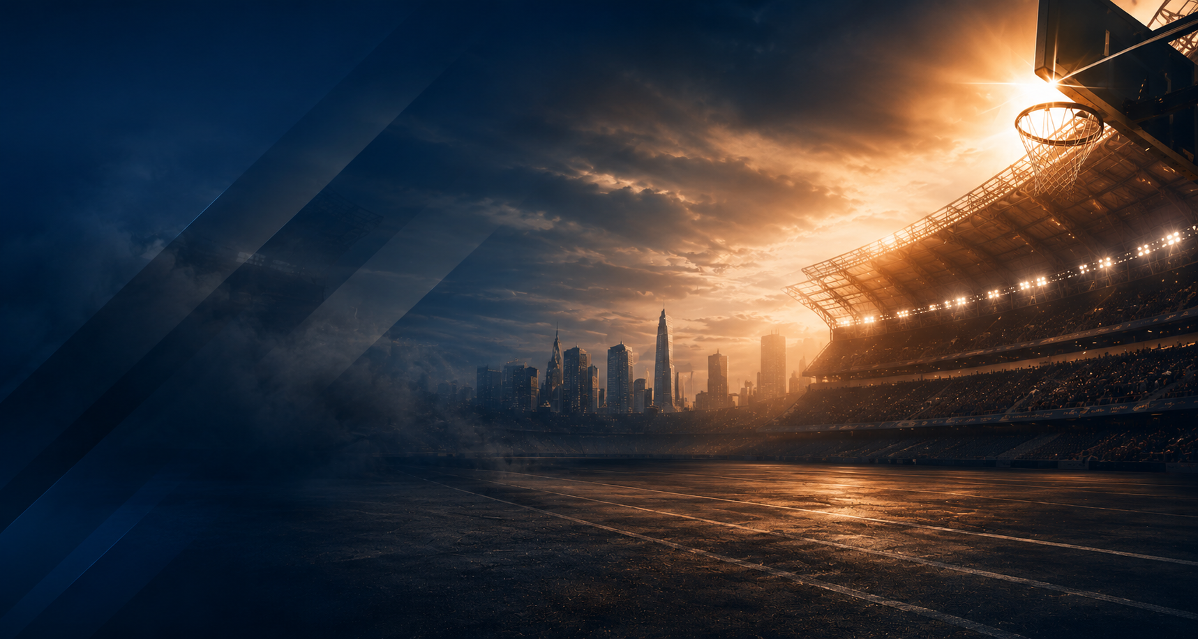 Floodlit stadium at sunset with a city skyline in the background